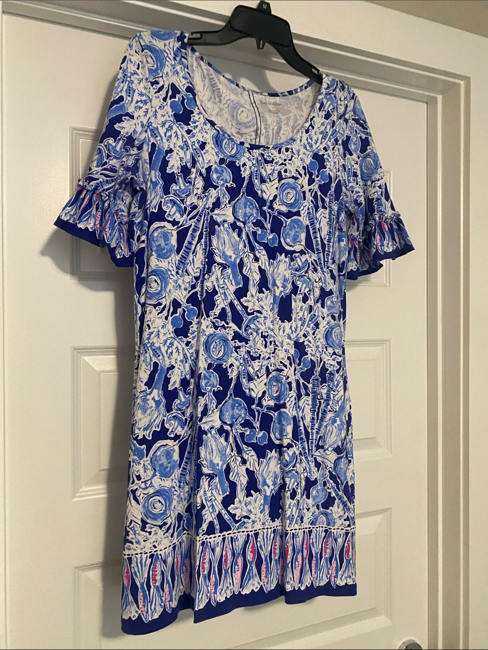 Lilly Pulitzer Blue & White Floral Ruffle-Sleeve Shift Dress with Pink Accents
